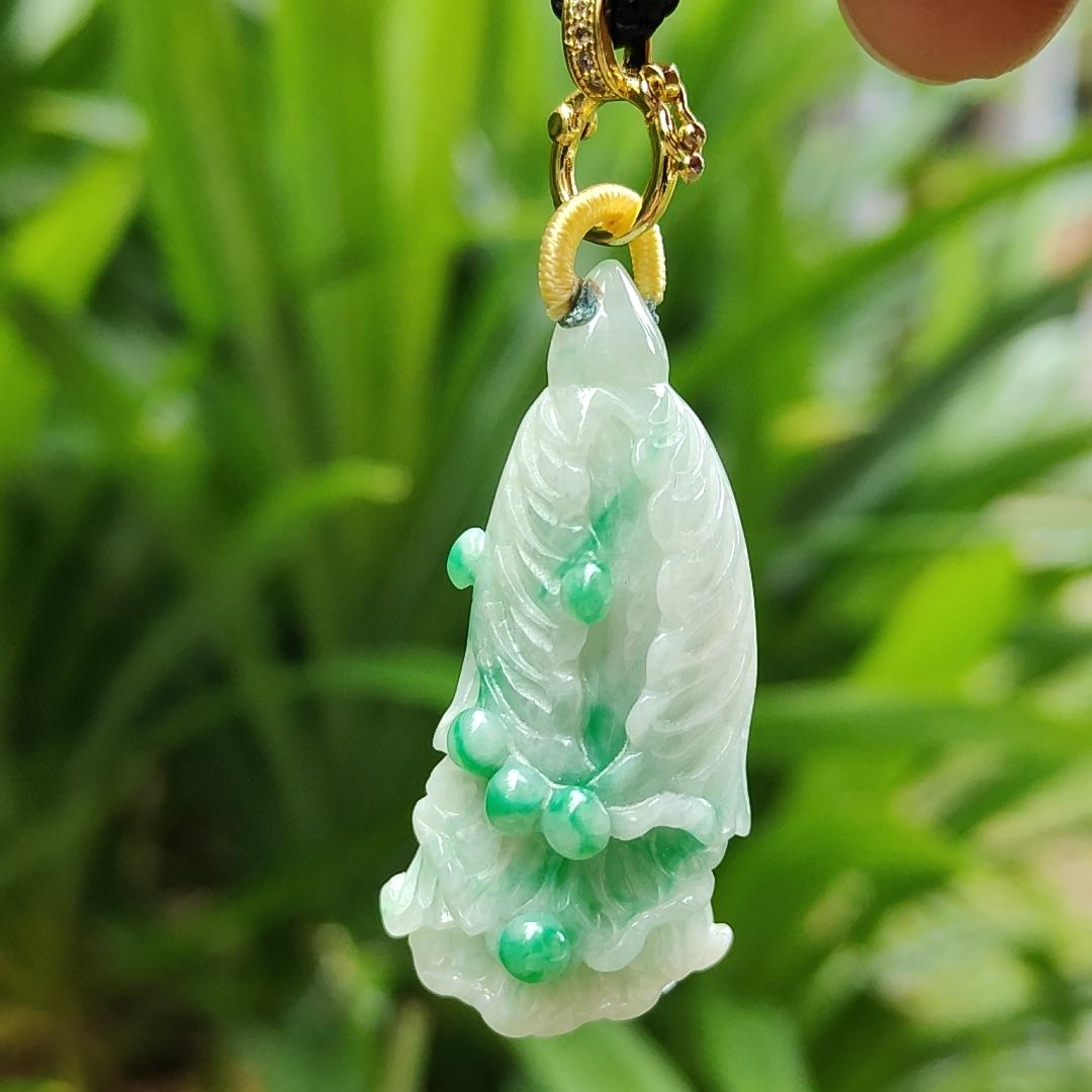 Rare Translucent Near White with Green Patches Natural Type A Jadeite pendant with NGI Gemstone report weight 72.19 grams, 44.87 * 20.83 * 14.52 mm carved as cabbage, with Gravity at 3.33 fine grain crystal aggregate suitable for daily wear (pendant127)