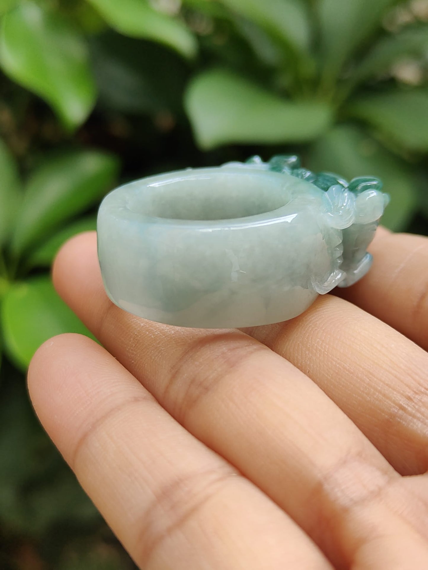 #Sold - Green with Green Hue Natural Type A Jadeite Jade crafted as Ring with Dragon, finger ring size 20.9 mm, certificate weighs 25.31 grams(ring9)