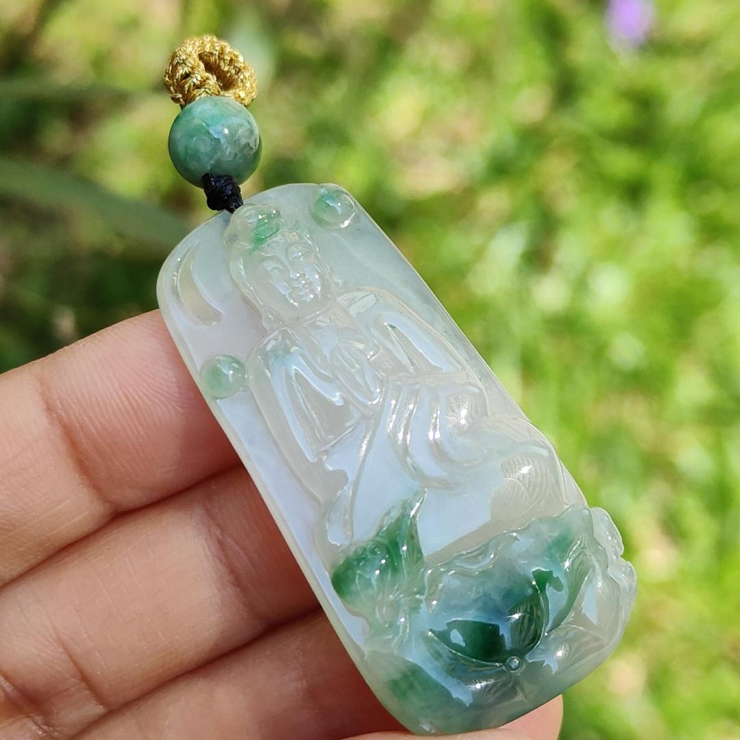 Icy Good Translucency with Green Natural Type A Jadeite Pendant Necklace crafted with Buddha and Lotus, certificate included weigh 13.2 grams, 46.2 * 22.5 * 6.3 mm