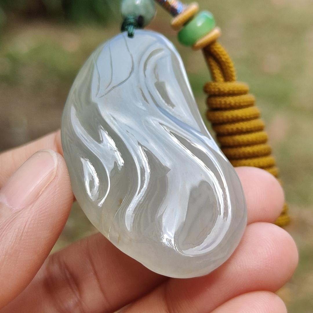 High Quality Icy Translucent Natural Type A Jadeite Jade crafted with God of Fortune as Pendant, certificate weighs 24.19 grams, measurement 48.8 * 27.3 * 10 mm (pendant274)