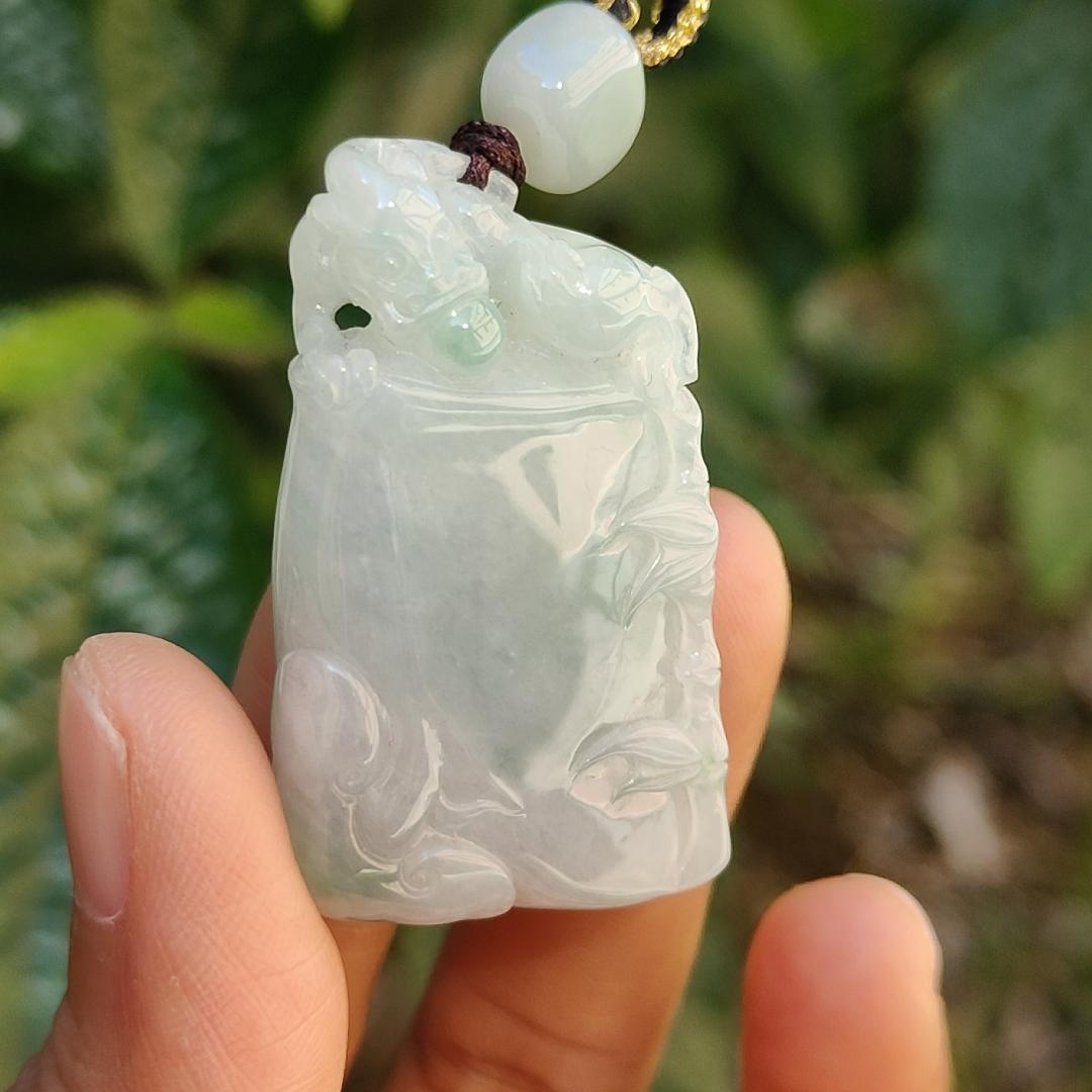 Crafted as Bamboo with Pixiu on it, Light Green patches Natural Type A Jadeite Jade Pendant Necklace with certificate weigh 24.54 grams, measurement 41.3 * 24.6 * 11.7 mm (pendant177)