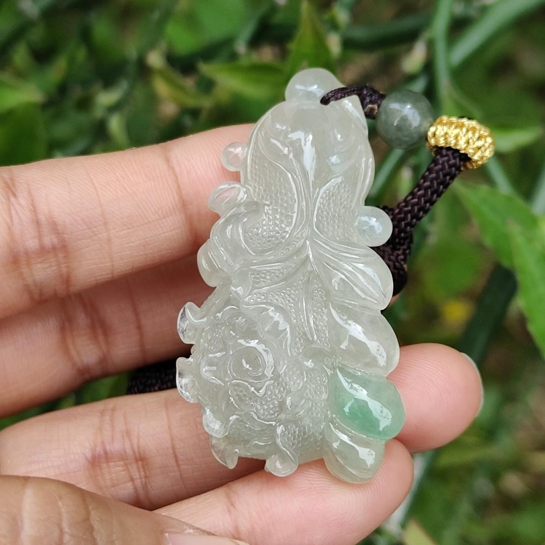 Icy Variety with good translucency and one patch of green crafted as the Chinese cabbage Natural Type A Jadeite Pendant Necklace with certificate weigh 22.88 grams, 51 * 26.3 * 13.8 mm, symbols of Harvest, auspiciousness, wealth and purity (pendant26)