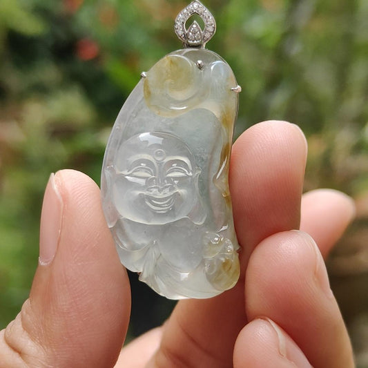 #Sold Icy Translucent with Yellow Natural Type A Jadeite Jade set with 18k Gold and diamonds as Pendant, certificate included weigh 8.23 grams, measurement 42.3 * 20 * 10.5 mm (18kp19)