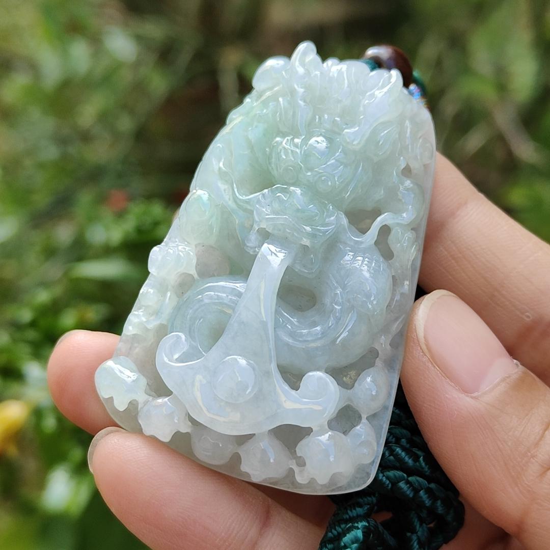 Light Green and White Natural Type A Jadeite Pendant Necklace crafted as Domineering dragon water absorbing pendant, symbols of Rise to prominence, certificate included weigh 43.48 grams, 56.5 * 36.8 * 13.4 mm, suitable for daily wear (pendant37)