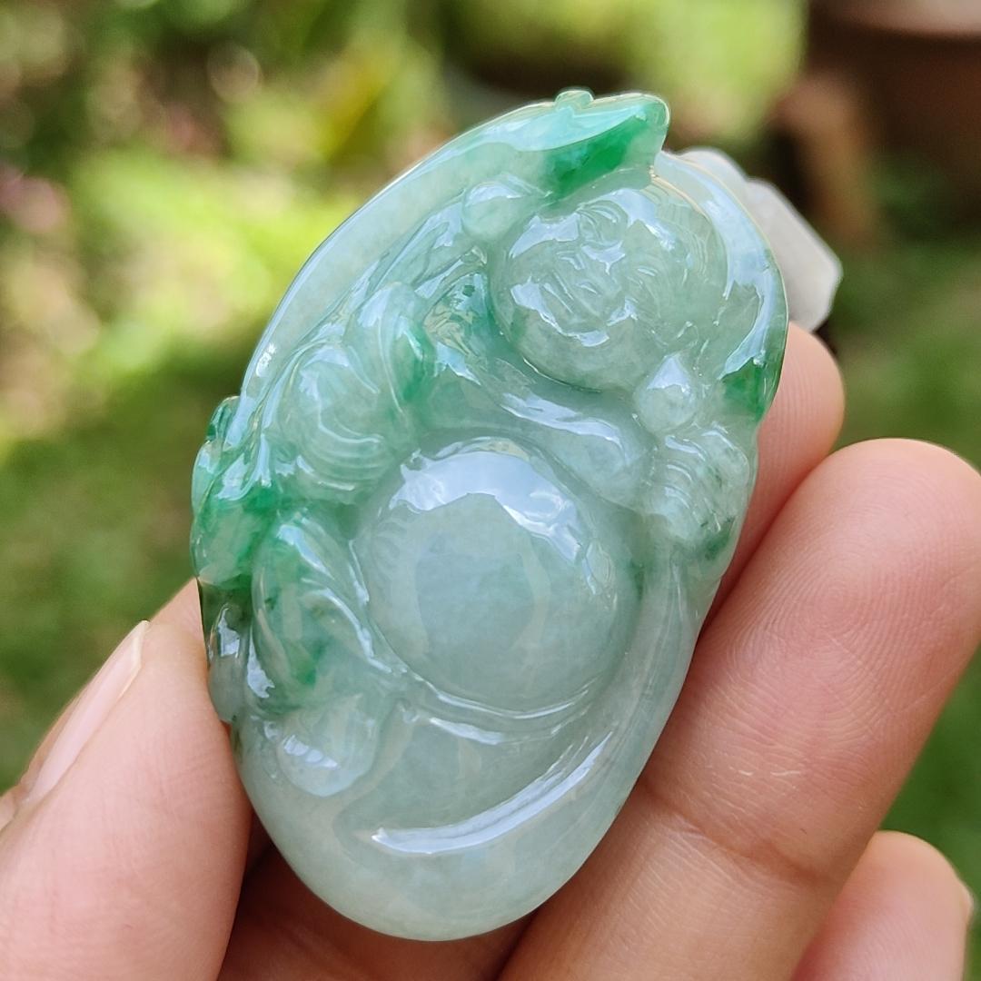 Rare High Quality Light Green and Green Natural Type A Jadeite Jade crafted with Milo Buddha as Pendant, certificate weighs 28.04 grams, measurement 46.3 * 30.3 * 13.9 mm (pendant285)