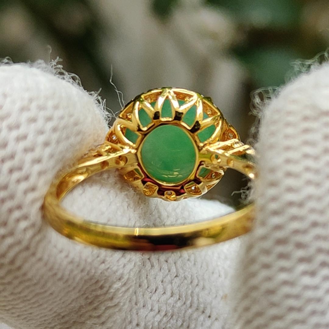 Sales Offer - High Quality Light Green Cabochon Natural Type A Jadeite Jade set on 18k Gold as Ring, certificate weighs 1.98 grams, Finger Size 15.4mm (18kring28)