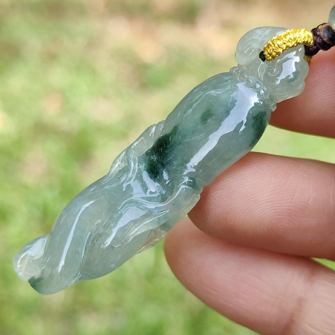 High Quality Light Green with Green Natural Type A Jadeite Jade crafted with shape of Ginseng as Pendant, certificate weighs 7.63 grams, measurement 48.2 * 12.7 * 7.1 mm (pendant277)