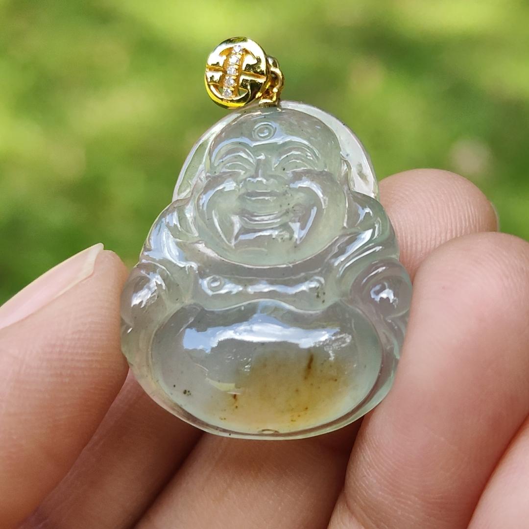 Rare Old Pit Icy Translucent with Yellow and Light Green Hue Collectible Natural Type A Jadeite Jade crafted as Milo Buddha added with 18k Gold Clasp as Pendant, certificate weighs 6.09 grams, measurement 26.8 * 23.2 * 6 mm (18kp63)