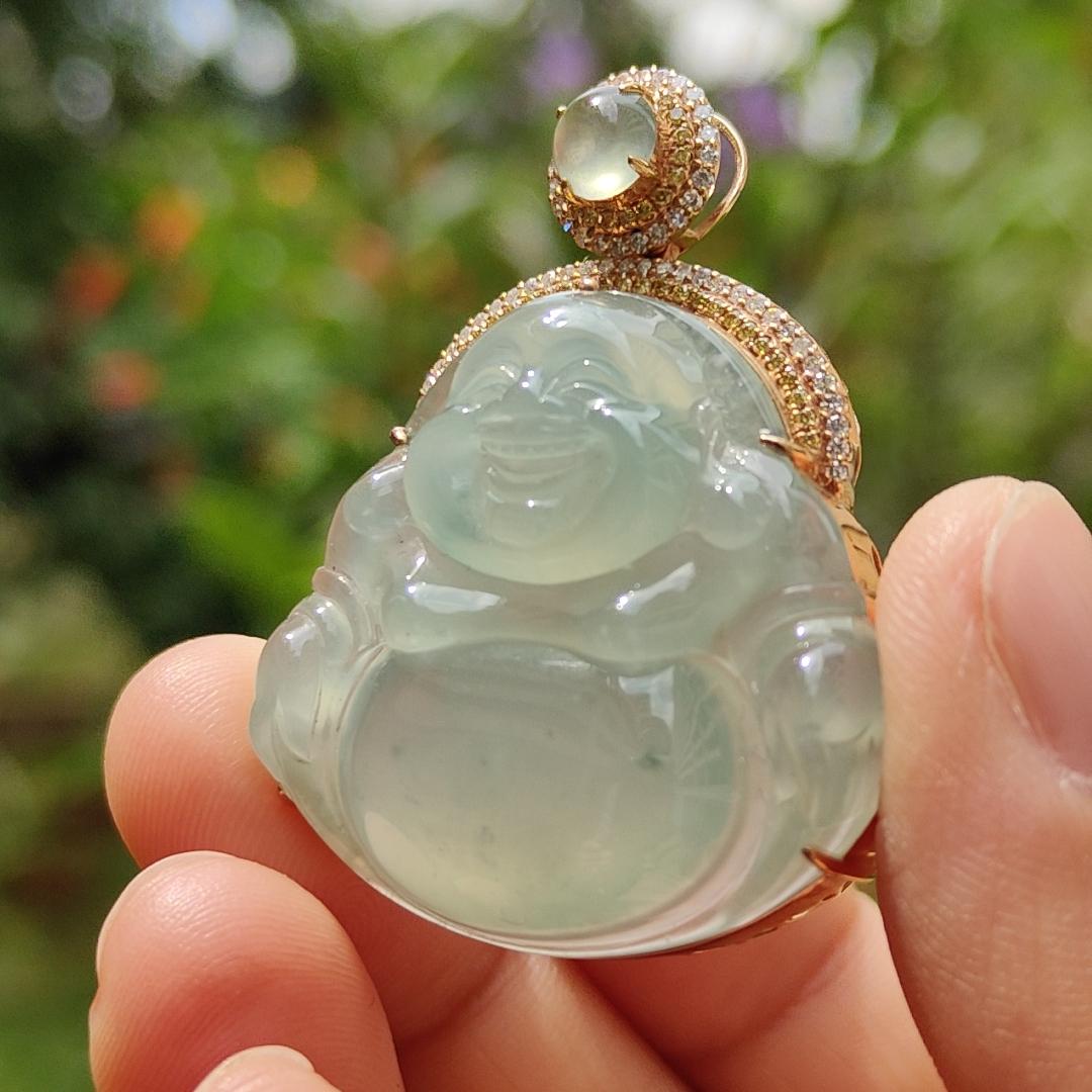 Icy Light Green Natural Type A Jadeite Jade Pendant crafted as Milo Buddha set on 18k gold with 1 icy cabochon and diamonds, certificate included weigh 13.8 grams, measurement 41.9 * 33.1 * 11.6 mm (18kp15)