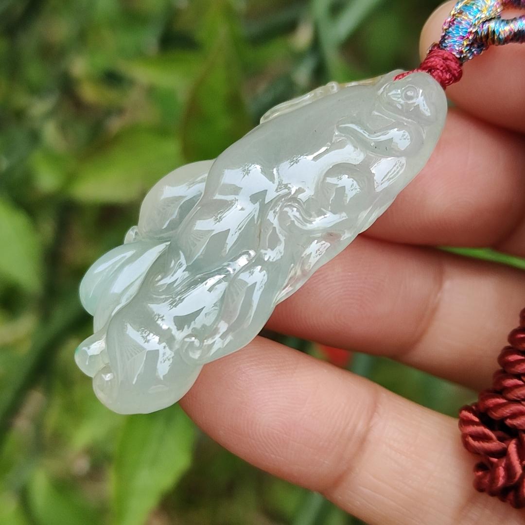 Icy with good translucent glossy texture Natural Type A Jadeite Pendant Necklace, Crafted with Monkey on Chayote symbols of Golden Monkey Brings Longevity and Double Blessings, certificate included weigh 16.84 grams, 44 * 21.3 * 11.8 mm, collectible jade