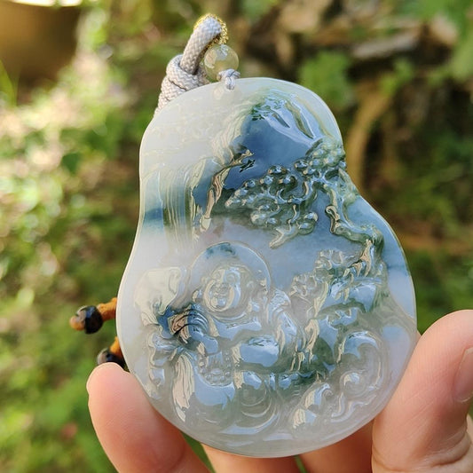 Premium Rare Semi Icy Natural Type A Jadeite crafted with Scenery and Laughing Buddha, certificate included weigh 51.59 grams, 71.8 * 53.1 * 7.5 mm, collector item, (pendant51),