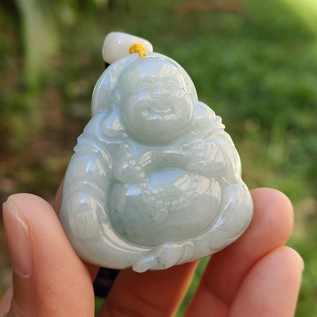 Light Green with green patches Natural Type A Jadeite Jade Pendant Necklace crafted as Laughing Buddha with certificate weigh 36.66 grams, 40.3 * 37.5 * 15 mm (pendant165)