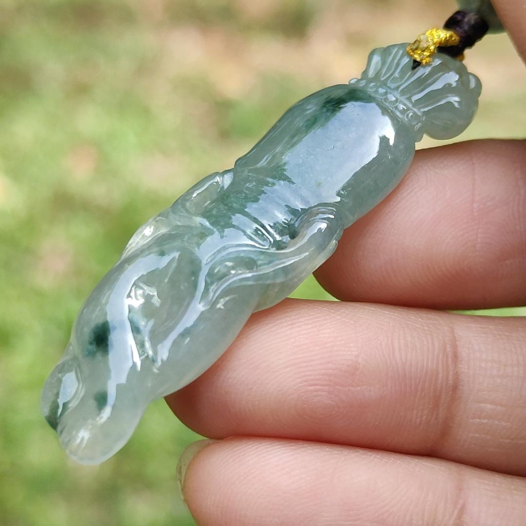 High Quality Light Green with Green Natural Type A Jadeite Jade crafted with shape of Ginseng as Pendant, certificate weighs 7.63 grams, measurement 48.2 * 12.7 * 7.1 mm (pendant277)