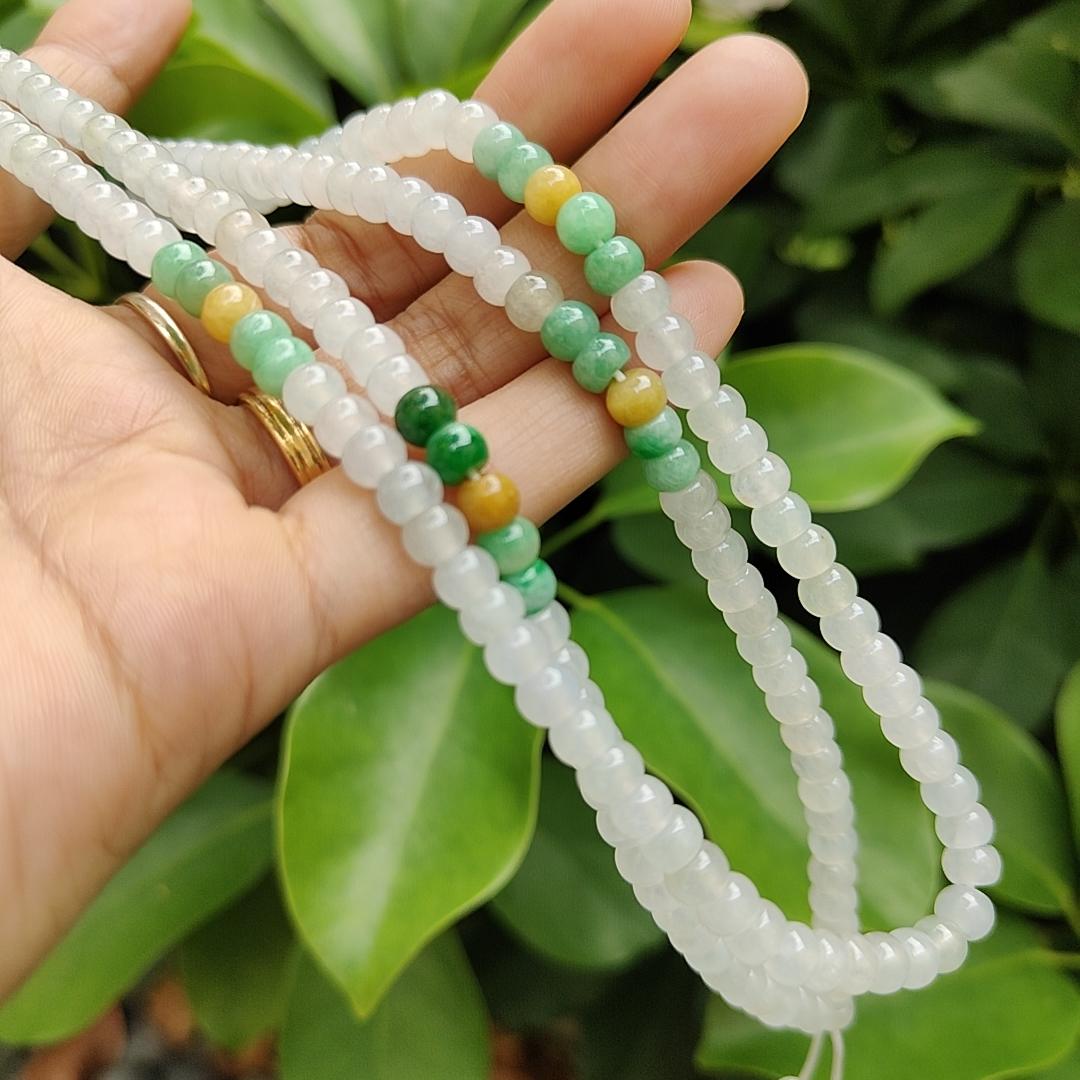 High Quality 90% Perfect 184 drum shape Icy * 154, Green * 24, Yellow * 6 Natural Type A Jadeite Jade Beads as Bracelet Necklace certificate weighs 49.19 grams, measurement 5.7 mm (bracelet29)