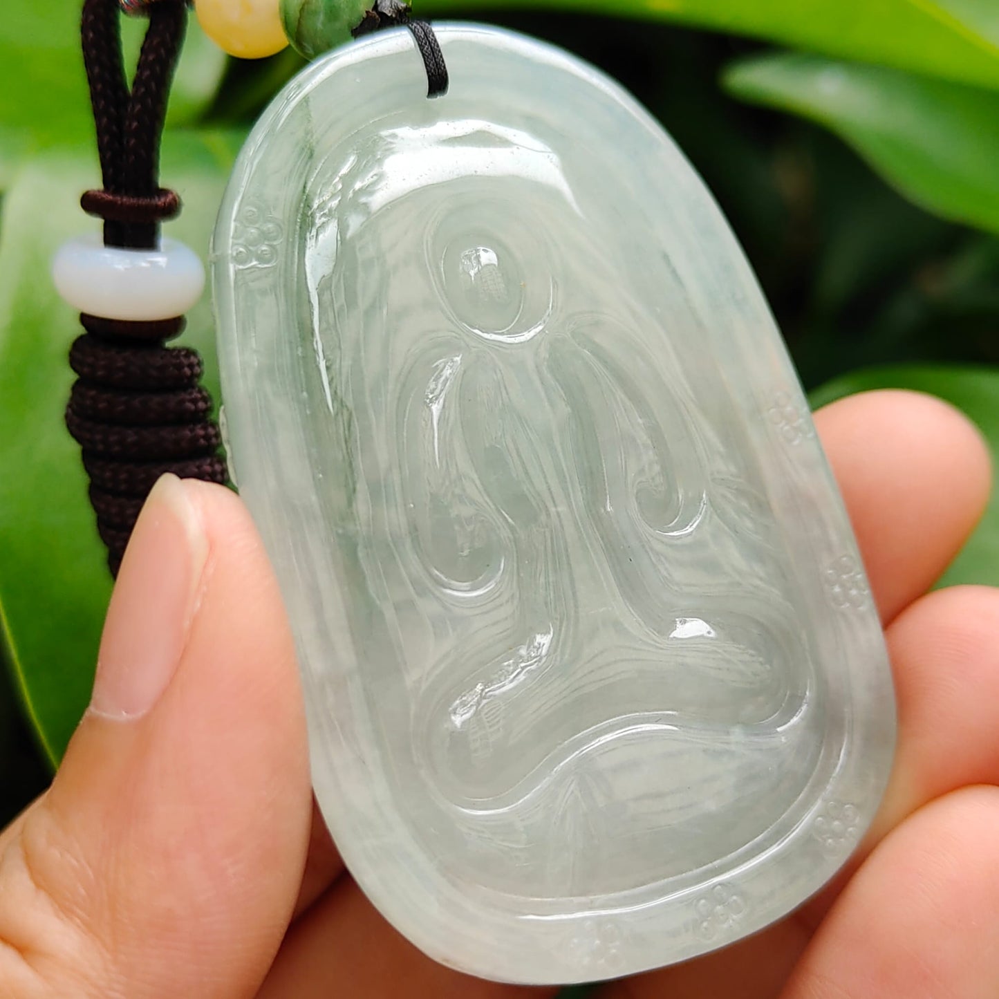 High Quality Light Green Hue Good Translucent Natural Type A Jadeite Jade crafted with Thousand Hands Guanyin as Pendant, certificate weighs 31.12 grams, measurement 57.6 * 38.4 * 6.8 mm (pendant293)