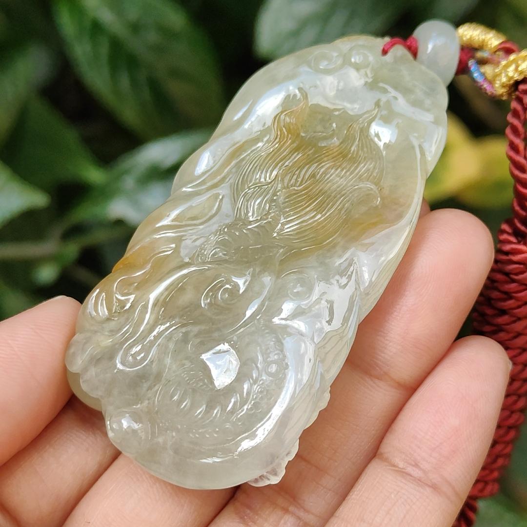 Premium Quality Yellow Natural Type A Jadeite Jade crafted with Dragon as Pendant, certificate weighs 53.72 grams, measurement 67.3 * 37.5 * 12.9 mm (pendant240)