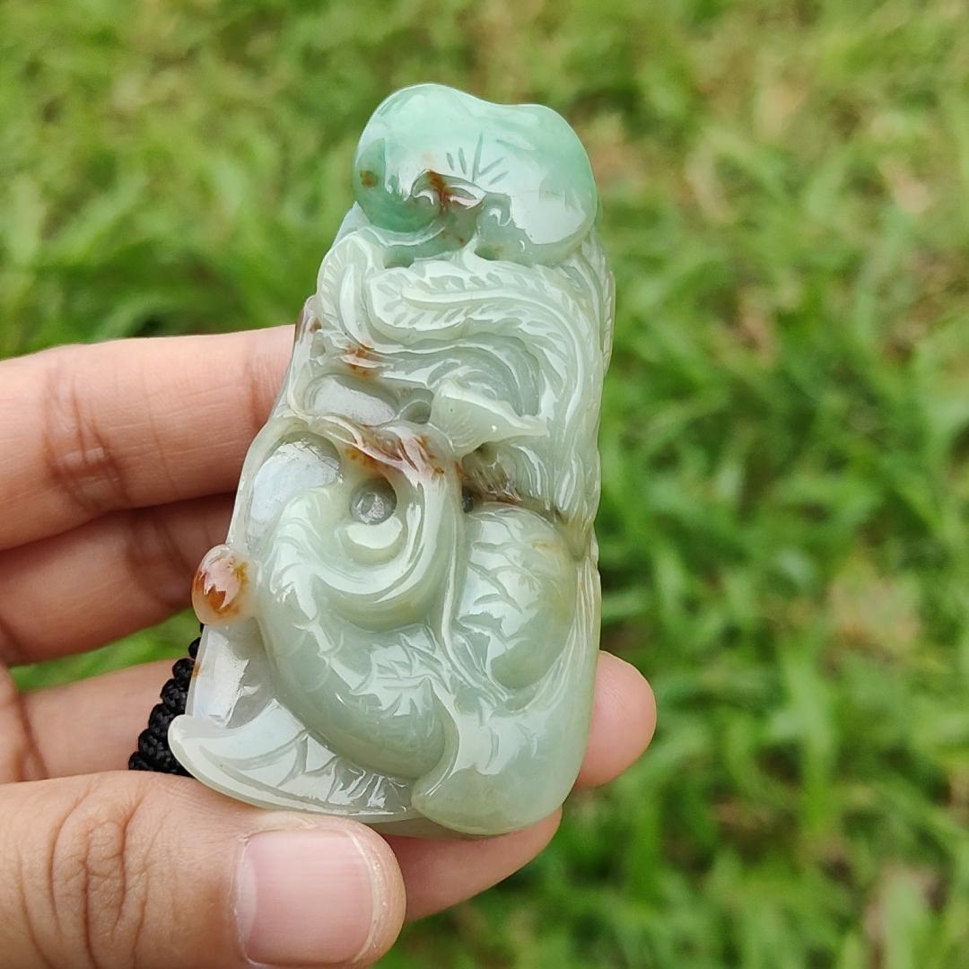 Green with Red Patches Natural Type A Jadeite Pendant Necklae Crafted with Old School Phoenix and ruyi with certificate weigh 50.24 grams, 67.7 * 35 * 11.8 mm, symbols of Good luck and a good life noble authority (pendant23)