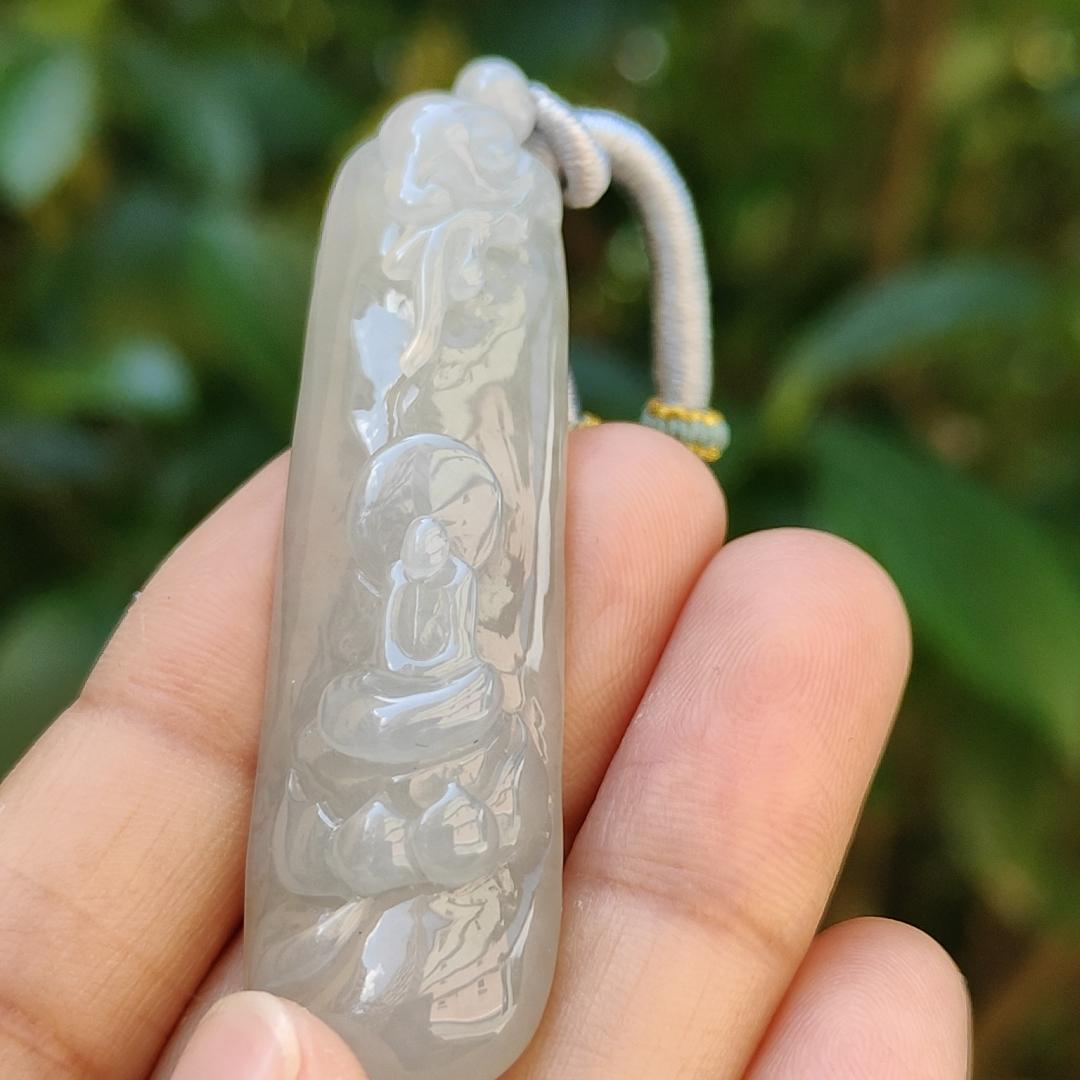 Semi Translucent Icy Natural Type A Jadeite Pendant carved with faceless buddha and lotus meaning Compassion and Wisdom , QIC labs approved certificate included weight 16.56 grams, 55.50 * 16.10 * 8.80 mm, very suitable for daily wear (pendant95)