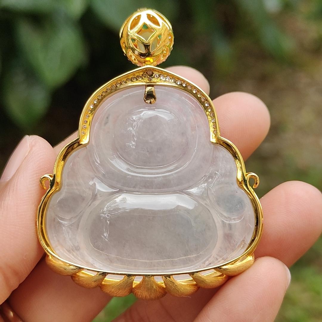 Premium Icy Translucent Natural Type A Jadeite Jade crafted as Milo Buddha set on 18k gold with diamonds as Pendant, certificate weighs 26.07 grams, measurement 38.8 * 40 * 7.2 mm, (18kp41)