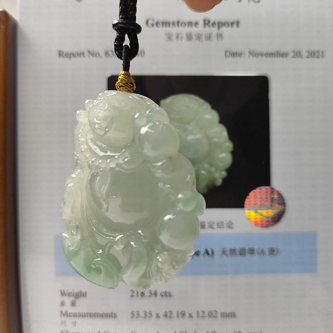 Natural Type A Jadeite Jewellery Pendant carved as Milo Buddha with Ruyi with Gemstone report from NGI weighs at 218.34 grams , 53.35 * 42.19 * 12.02 mm , Translucent with faint to light green with good translucency premium quality pendant (pendant156)