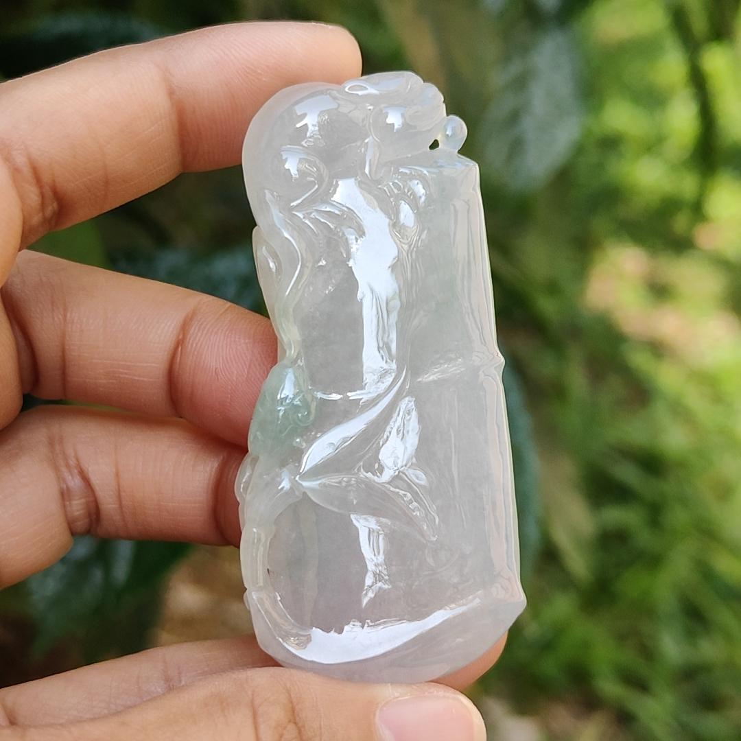 Semi Icy Lavender with green Natural Type A Jadeite Jade crafted with Bamboo and lizard as Pendant, certificate weigh 43.34 grams, measurement 64.3 * 30.5 * 10 mm (pendant196)