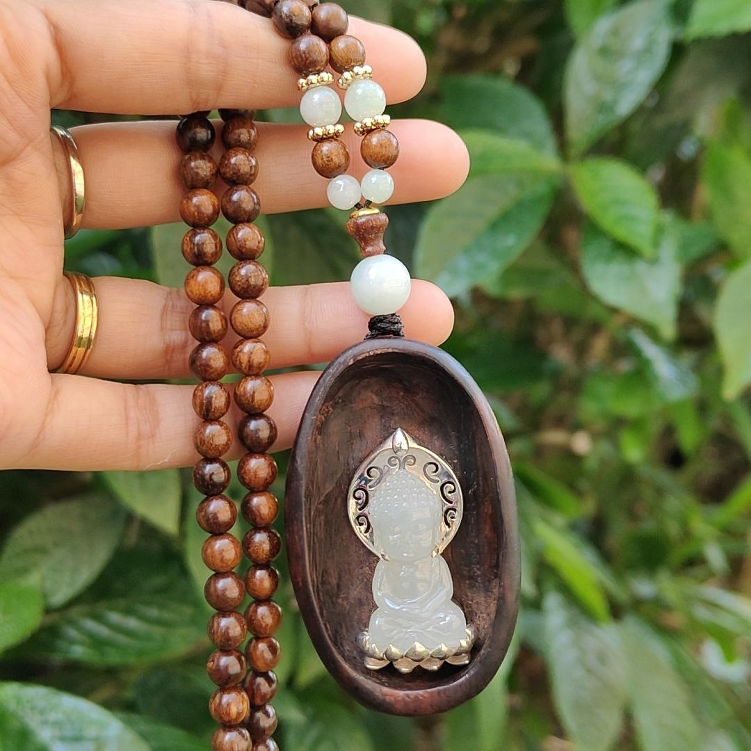 Semi Icy Good Translucent Natural Type A Jadeite Jade crafted as Buddha set on S925 and Sandalwood as Pendant, certificate weighs 31.79 grams, measurement 60.3 * 37.1 * 21.1 mm  (s925p2)