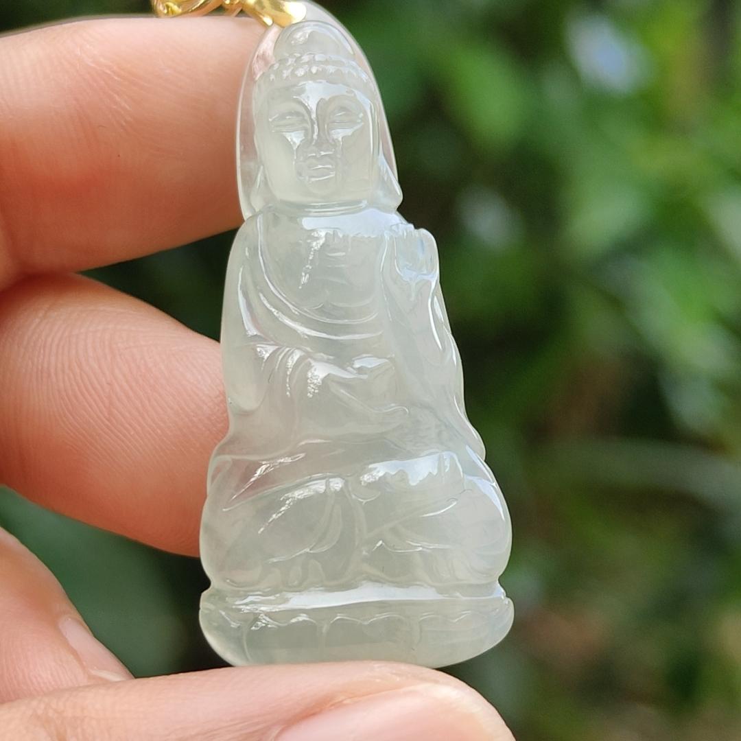 Icy Translucent Natural Type A Jadeite Jade crafted as Buddha with 18k gold clasp as Pendant, certificate weighs 6.78 grams, measurement 41.3 * 17.8 * 6.2 mm (18kp44)