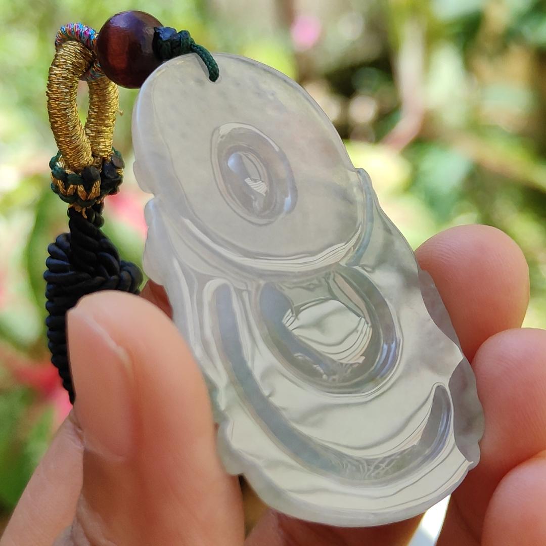 High Quality Icy Translucent Light Green Natural Type A Jadeite Jade crafted with Fortune God as Pendant, certificate weighs 16.37 grams, measurement 50.8 * 29.2 * 6 mm (pendant265)