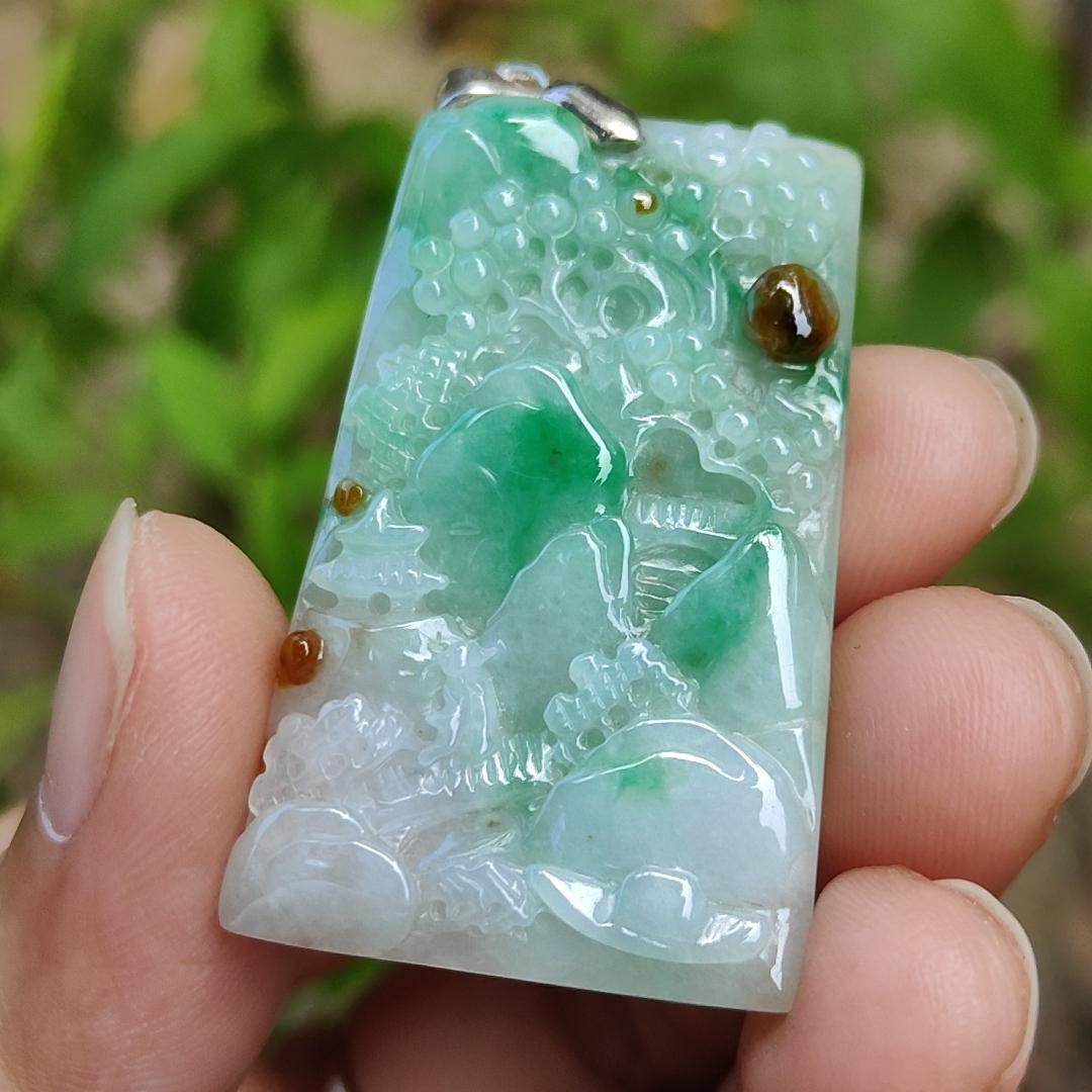 Good Quality Very Beautiful Light Green, Brown Natural Type A Jadeite Jade crafted with sceneries as Pendant, certificate weighs 9.72 grams, measurement 40 * 24.8 * 4.6 mm (pendant288)