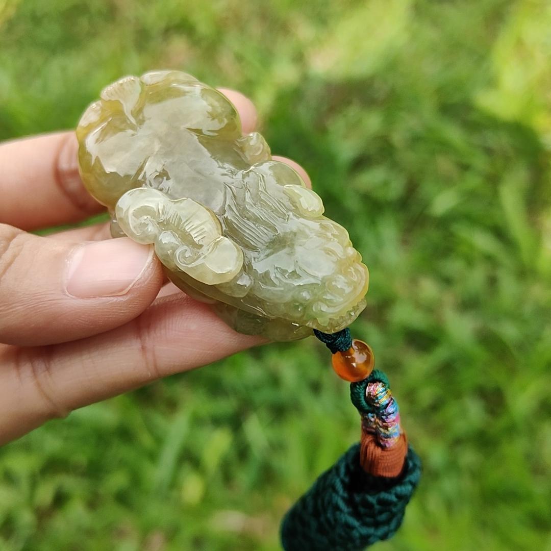 Premium Yellow Natural Type A Jadeite Pendant Necklace Crafted as Pixiu with Ruyi and Coin, certificate included weigh 39.48 grams, measurement 56.8 * 28.8 * 13 mm, suitable for daily wear and collectible (pendant41)