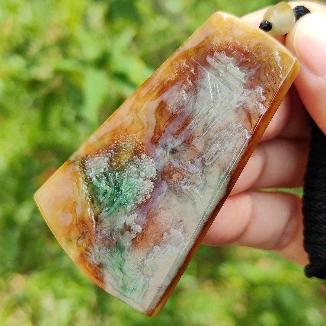 Very Rare Green, Red and Yellow Natural Type A Jadeite Jade Pendant Necklace with Sceneries, certificate included weigh 29.84 grams, measurement 61.6 * 39.7 * 5.8 mm (pendant183)