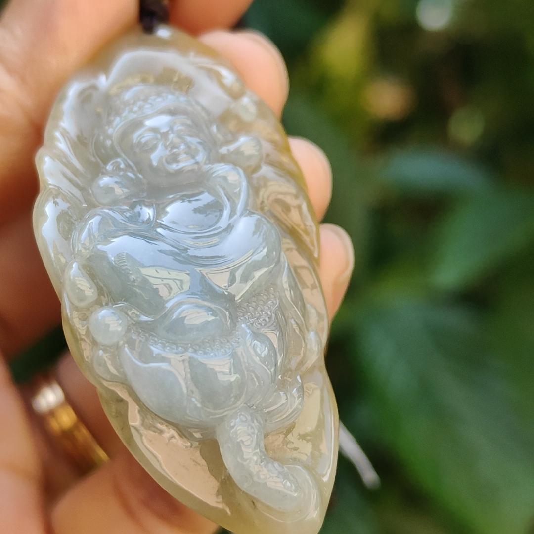 Very Rare Light Lavender and Lemon Yellow with Brown Natural Type A Jadeite pendant carved with baby buddha, certificate included weighs 20.13 grams, 57.90 * 26.80 * 11.20 mm, suitable for daily wear (pendant86)