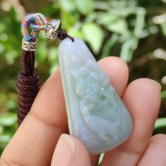 Smooth Texture Two colors Green and Lavender Natural Type A Jadeite Pendant Necklace crafted with Flower and Fish symbols of Wealth, prosperity and good fortune, certificate included weigh 11.84 grams, 38.6 * 24.5 * 7.8 mm, suitable for daily wear