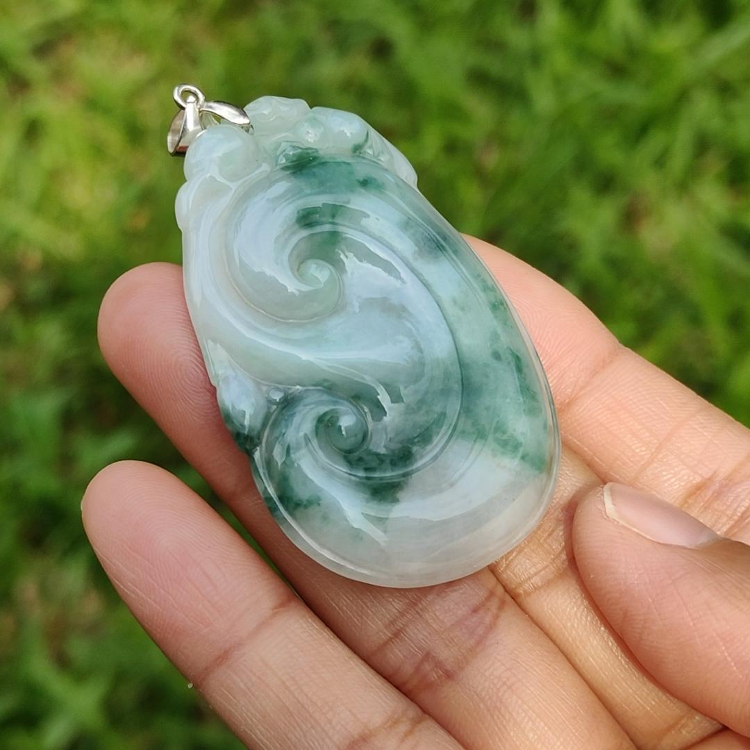 Special Offer, Green with Light Green Floating Flower (Piaohua) Natural Type A Jadeite Pendant Necklace crafted with Bat on Ruyi with certificate weigh 17.71 grams, 51.6 * 34.5 * 6 mm sysmbols of Happiness, auspiciousness (pendant103)