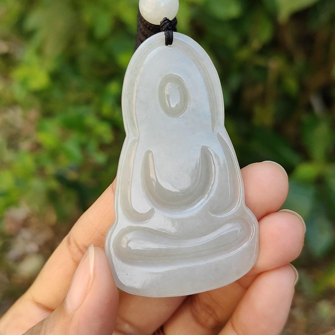 Semi Icy Natural Type A Jadeite Pendant carved as Guanyin with certificate weighs 23.87 grams, 60.3 * 37.1 * 6.2 mm, represents Compassion, wisdom and peace, suitable for daily wear (pendant83)