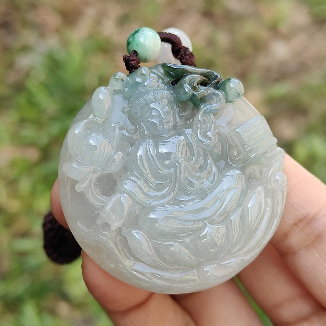 Light Green with Bluish Green Natural Type A Jadeite Pendant Necklace crafted with Guanyin Symbols of Peace, auspiciousness and longevity, certificate included weighs 36.23 grams, 45.8 * 45.8 * 9.1 mm, suitable for daily wear (pendant56)