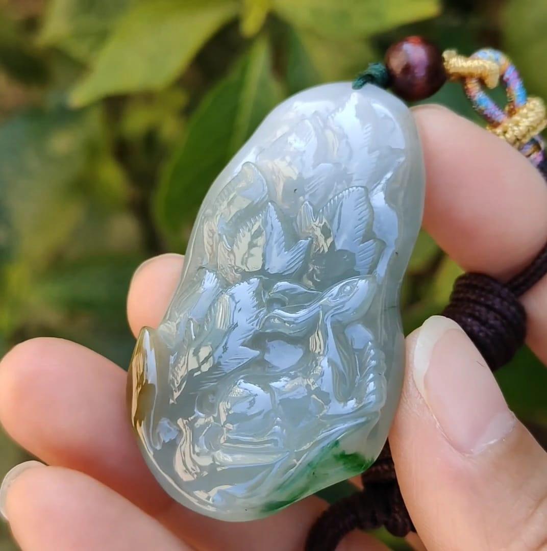 Green, Bluish Green, Brown Natural Type A Jadeite Pendant Necklace crafted as Nine Tails Fox symbols, Increase the relationship with the opposite sex and enhance personal charm plus good luck, certificate weigh 30 grams, 57 * 29.3 * 9.3 mm (pendant50)