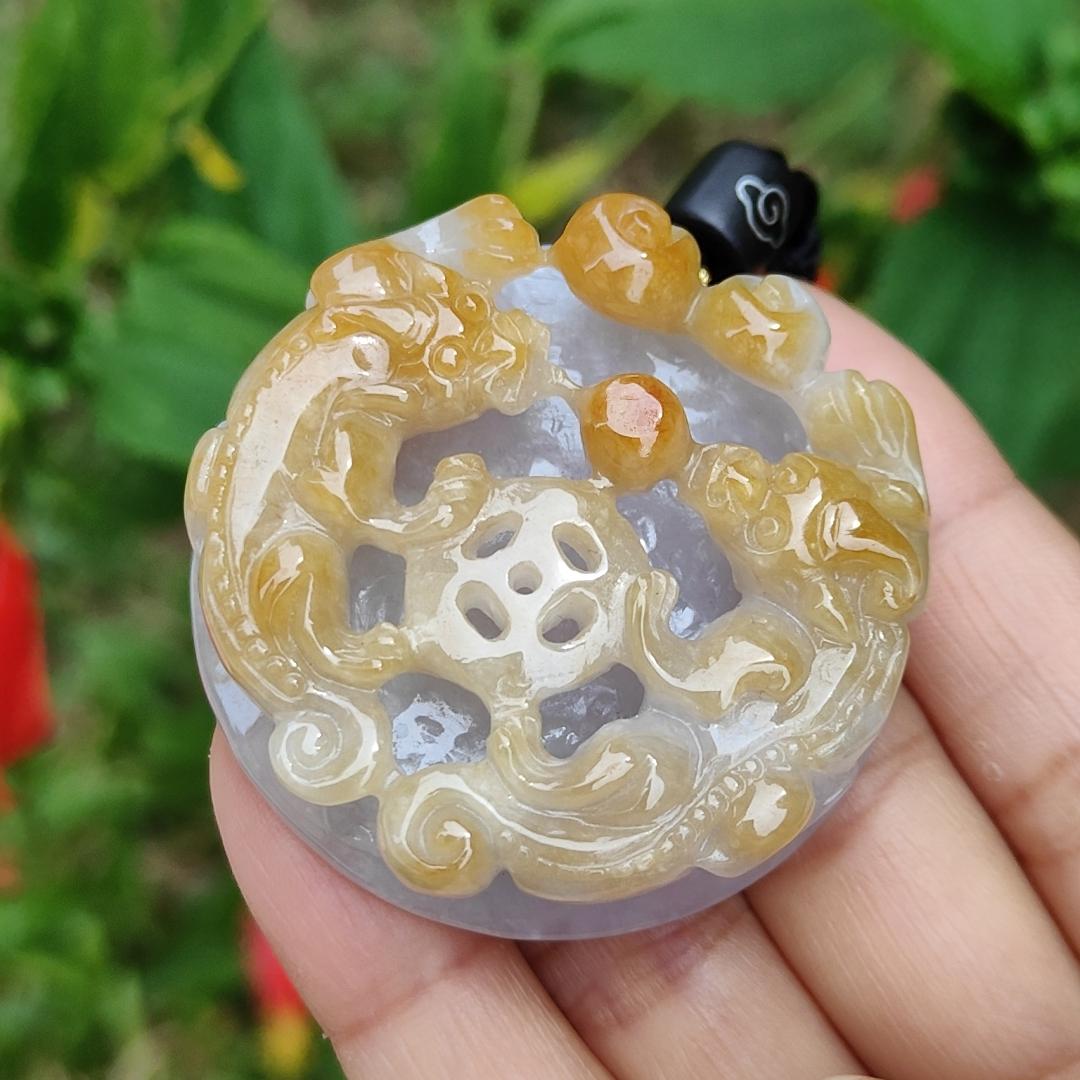 Yellow and Purple with some spreads of red patches Natural Type A Jadeite Pendant Necklace crafted with double pixiu, coin and bat boosting your luck, money and blessing, certificate included weigh 41.87 grams, 45 * 44.9 * 13 mm