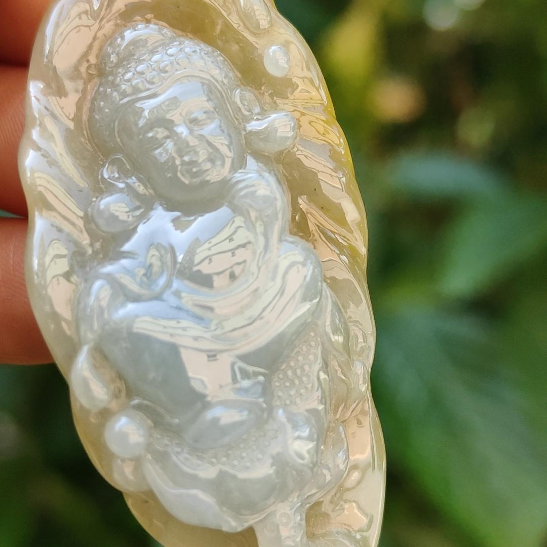 Very Rare Light Lavender and Lemon Yellow with Brown Natural Type A Jadeite pendant carved with baby buddha, certificate included weighs 20.13 grams, 57.90 * 26.80 * 11.20 mm, suitable for daily wear (pendant86)