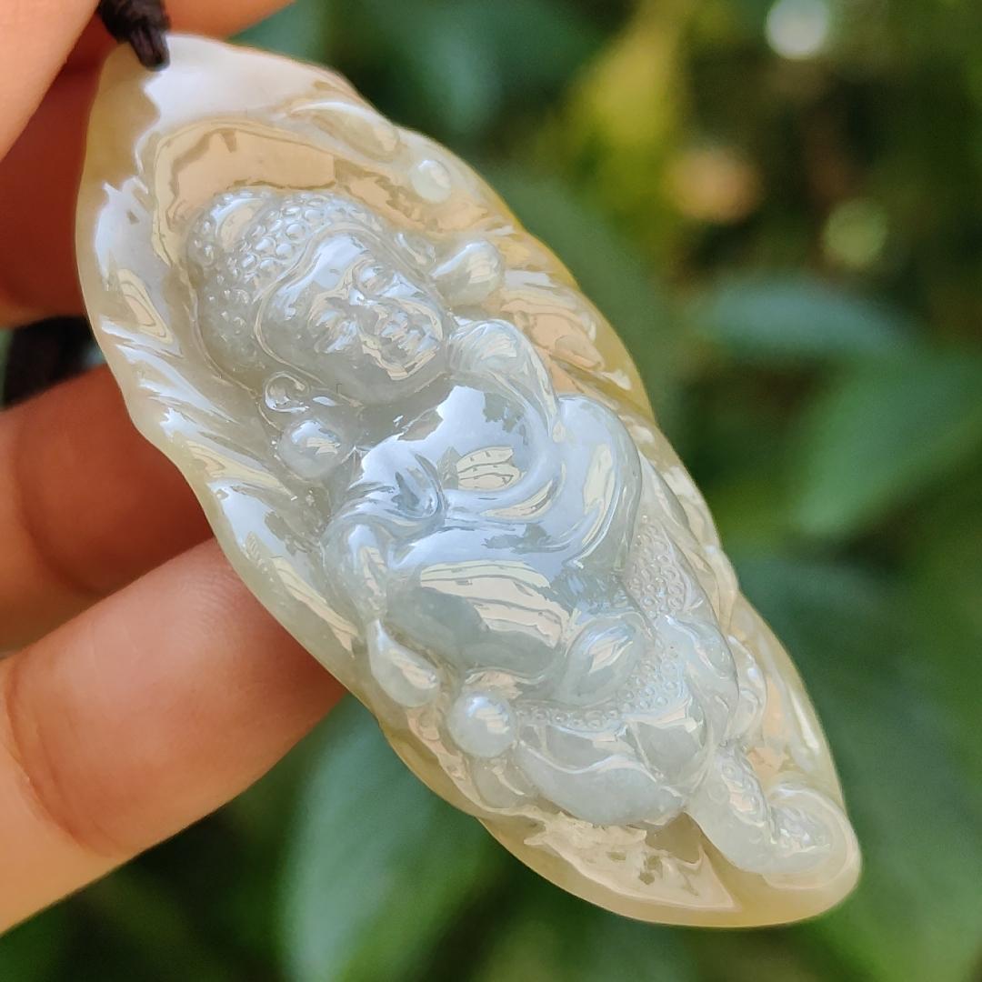 Very Rare Light Lavender and Lemon Yellow with Brown Natural Type A Jadeite pendant carved with baby buddha, certificate included weighs 20.13 grams, 57.90 * 26.80 * 11.20 mm, suitable for daily wear (pendant86)