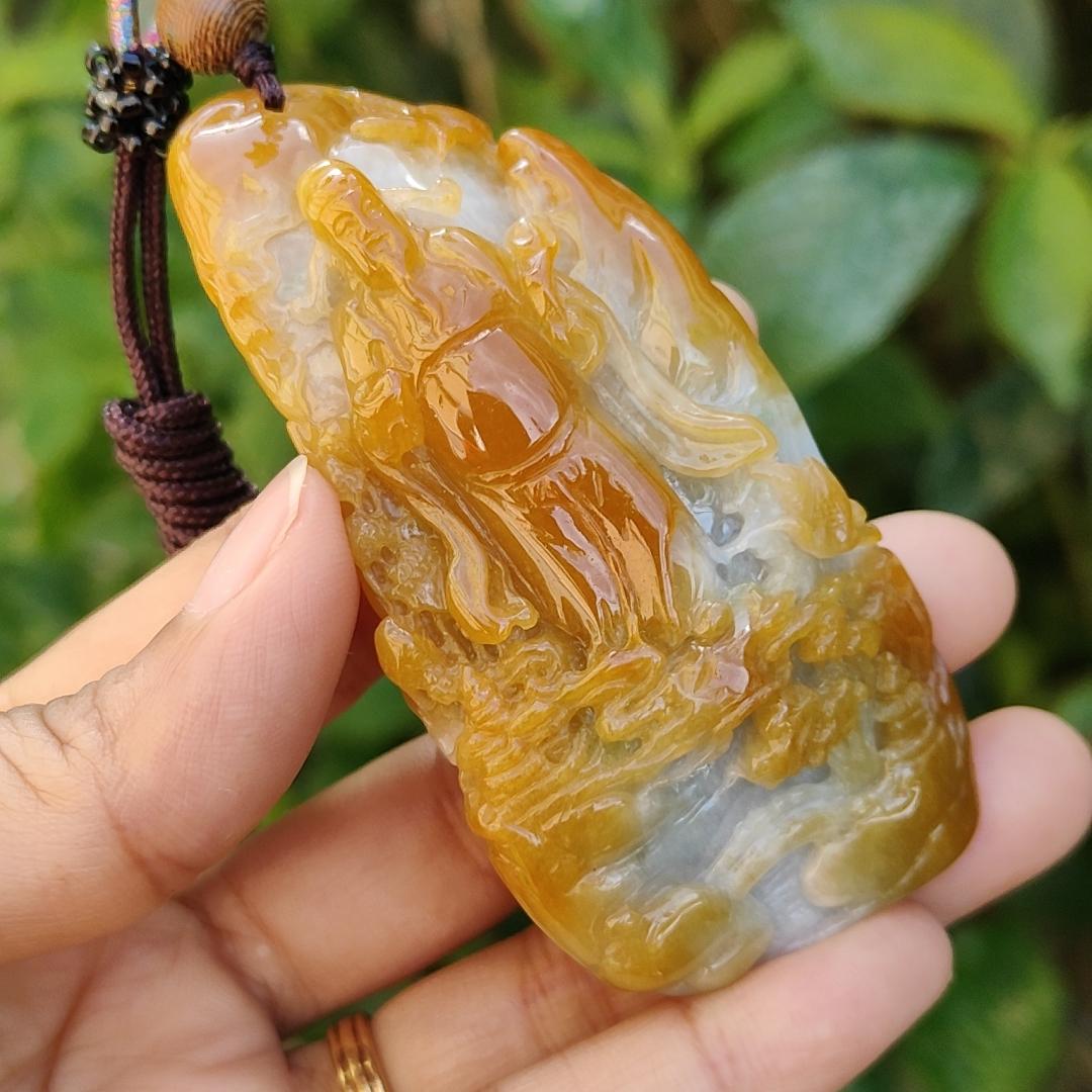 Premium Quality Yellow Natural Type A Jadeite pendant with fortune god, mountain and trees, symbolize the blessing of good fortune, eternal strength, and continuous growth, certificate weigh 77.61 g, 76.10 * 39 * 19.30 mm, symbol of prosperity (pendant81)