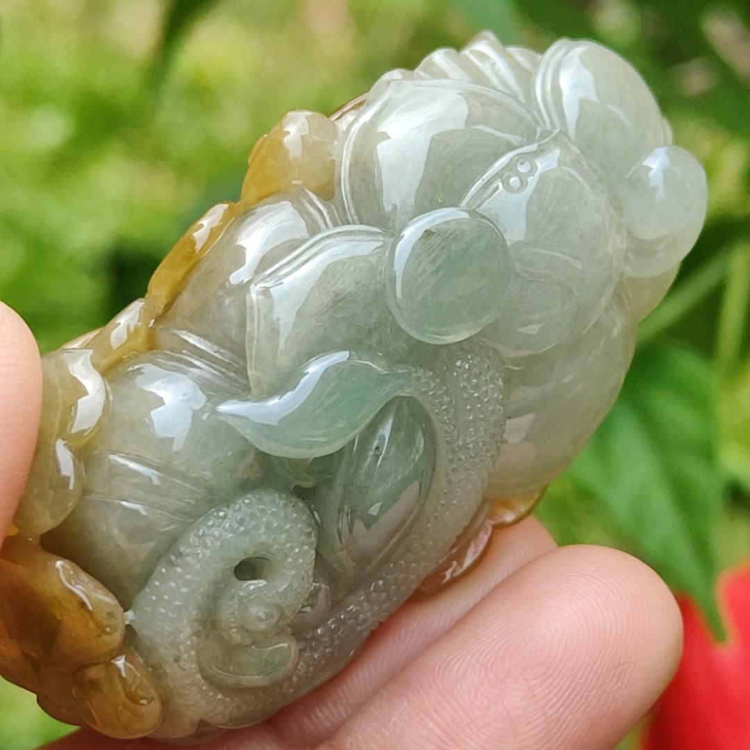 Super Rare High Quality Light Green and Yellow Natural Type A Jadeite Jade crafted with Dragonfly and Ruyi as Pendant, certificate weighs 60.60 grams, measurement 60 * 32.1 * 22.3 mm (pendant260)