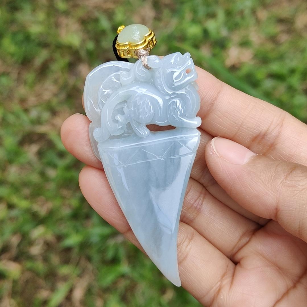 Bluish Light Lavender Natural Type A Jadeite Pendant crafted as Dragon Teeth with Pixiu and Ruyi, the symbols of Wealth and good luck, certificate weighs 27.63 grams, 67.3 * 33.2 * 7.8 mm, very suitable for daily wear (pendant58)