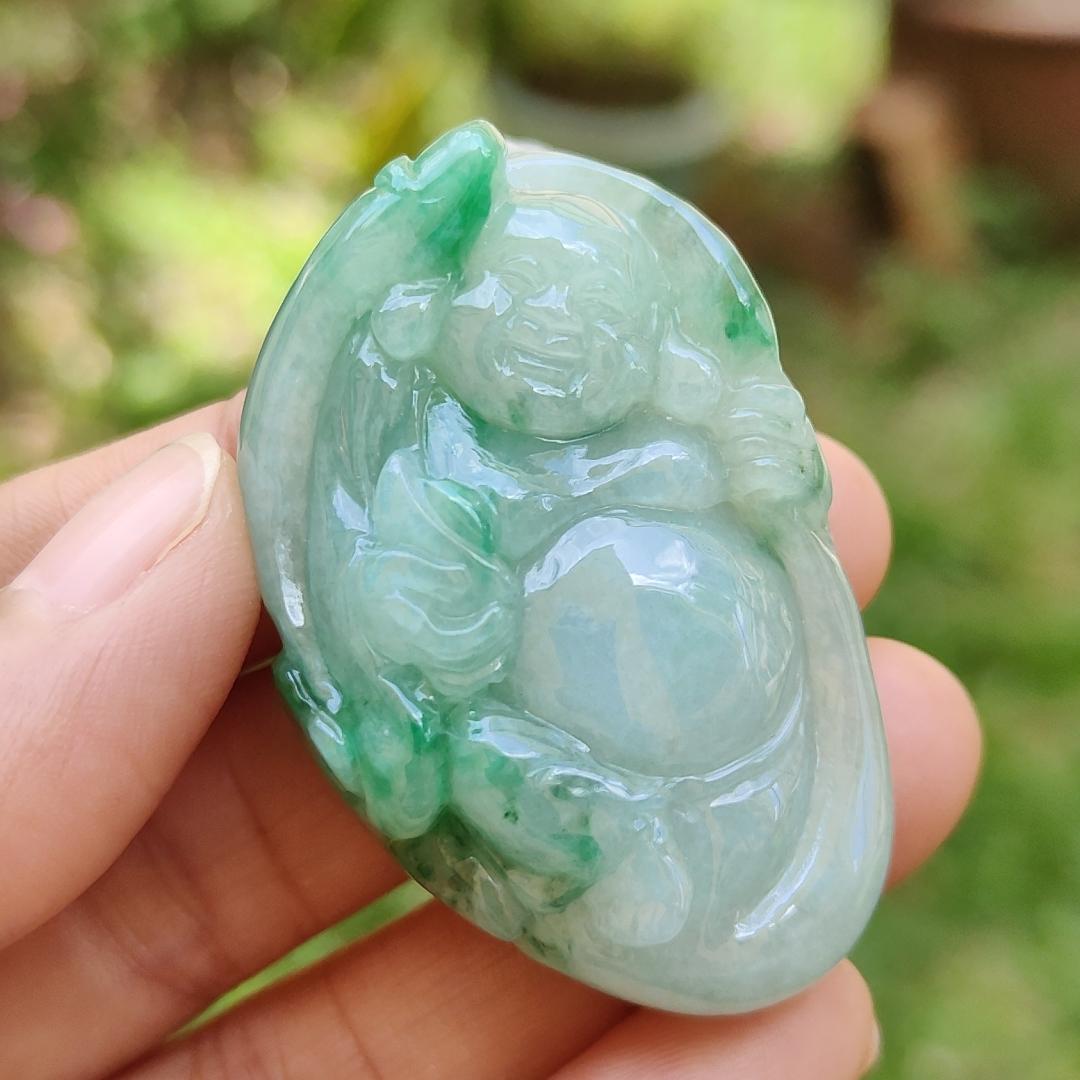 Rare High Quality Light Green and Green Natural Type A Jadeite Jade crafted with Milo Buddha as Pendant, certificate weighs 28.04 grams, measurement 46.3 * 30.3 * 13.9 mm (pendant285)