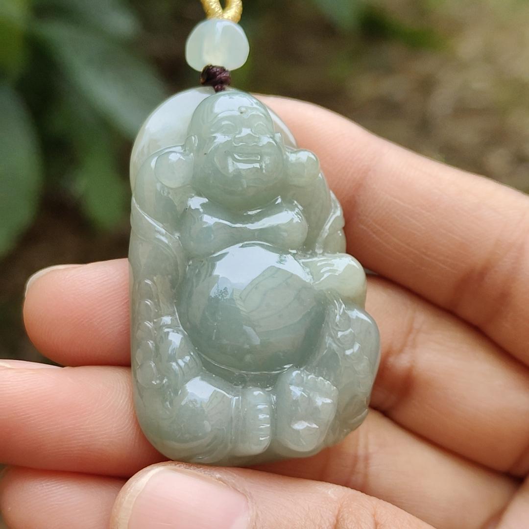 Light Green Natural Type A Jadeite Jade crafted with Milo Buddha as Pendant, certificate weighs 27.52grams, measurement 44.3 * 27.9 * 11.6 mm (pendant248)