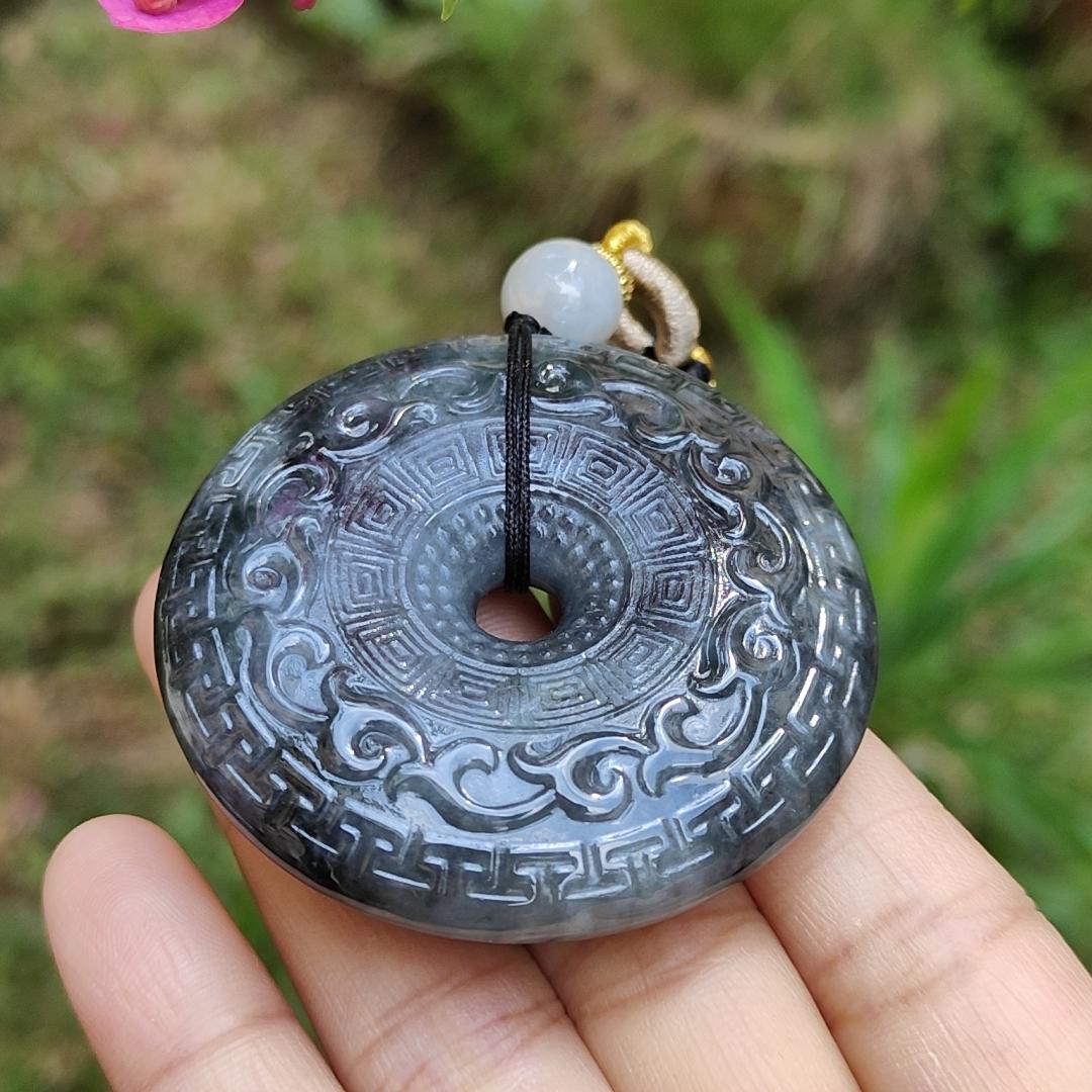 Hugh archaize style Black Natural Type A Jadeite Pendant crafted as Donut, symbols of Attract wealth , certificate included weigh 62.62 grams, 51 * 51 * 12.6 mm, suitable for daily wear (pendant63)