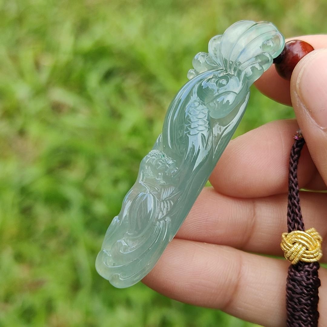 Semi Icy Good Translucency Green Natural Type A Jadeite Pendant Necklace crafted as the parrot, symbols of Wise and brave, heroic and mighty, with certificate weigh 10.82 grams, 57.8 * 16.3 * 7.1 mm (pendant24)