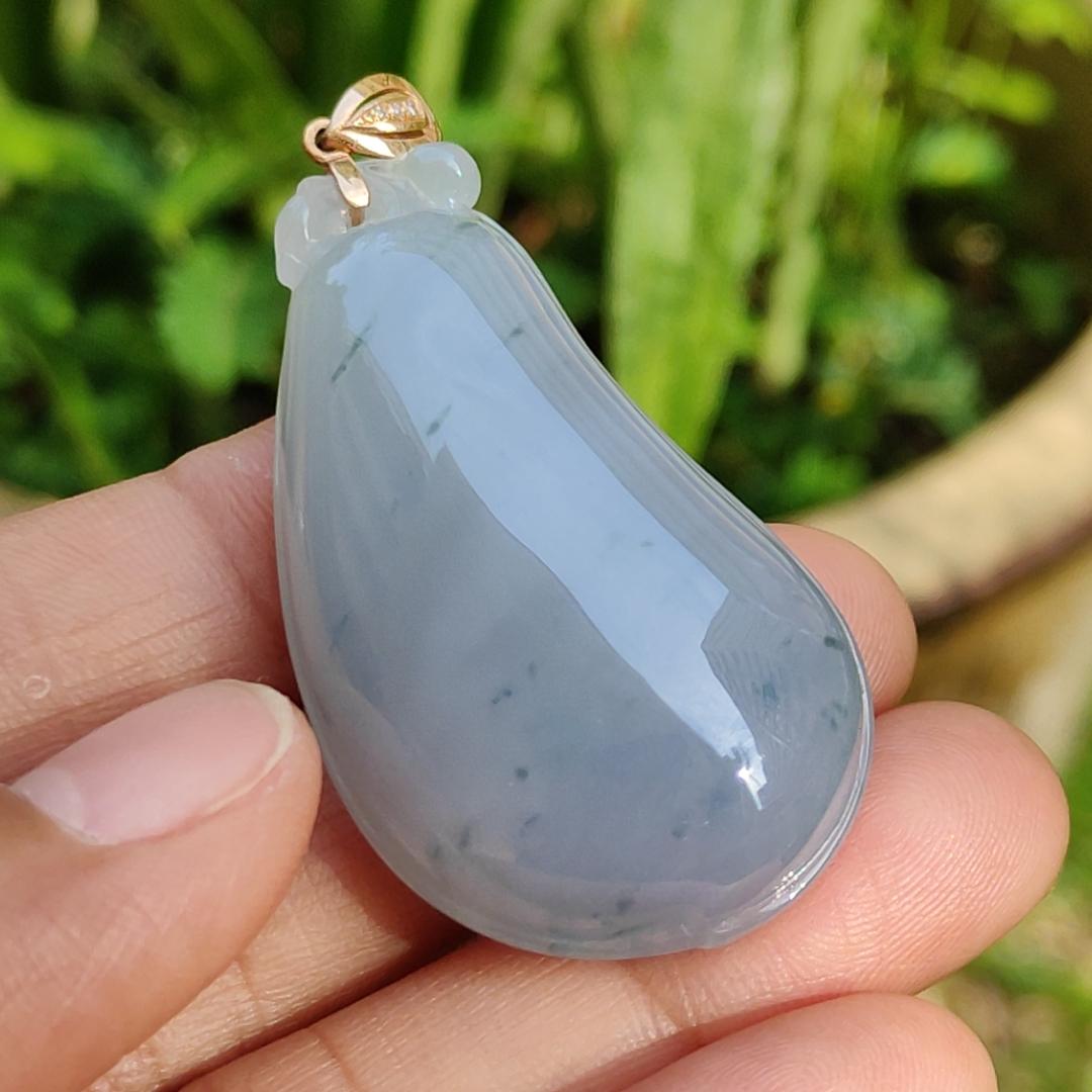 High Quality Light Lavender with Light Green Natural Type A Jadeite Jade crafted as shape of Fugua set with 18k Gold Clasp as Pendant, certificate weighs 23.61 grams, measurement 44.8 * 25.2 * 12 mm (18kp47)