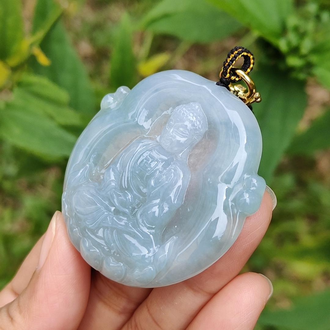 Semi Icy Bluish Green Hue Natural Type A Jadeite Pendant Crafted as Buddha with certificate included weigh 26.65 grams, 48.3 * 48.9 * 7 mm, suitable for daily wear