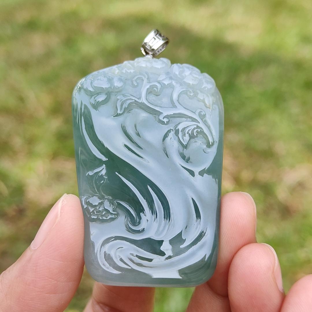 Premium Quality Semi Icy Light Green Natural Type A Jadeite Jade crafted with Guanyin as pendant, certificate included weigh 45.05 grams, measurement 56 * 35.6 * 11.8 mm (18kp24)